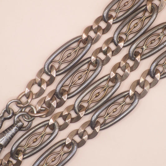 Antique Victorian 800 Silver Niello Pocket Watch Chain Necklace, Rose Gold Vermeil Gilt MB13