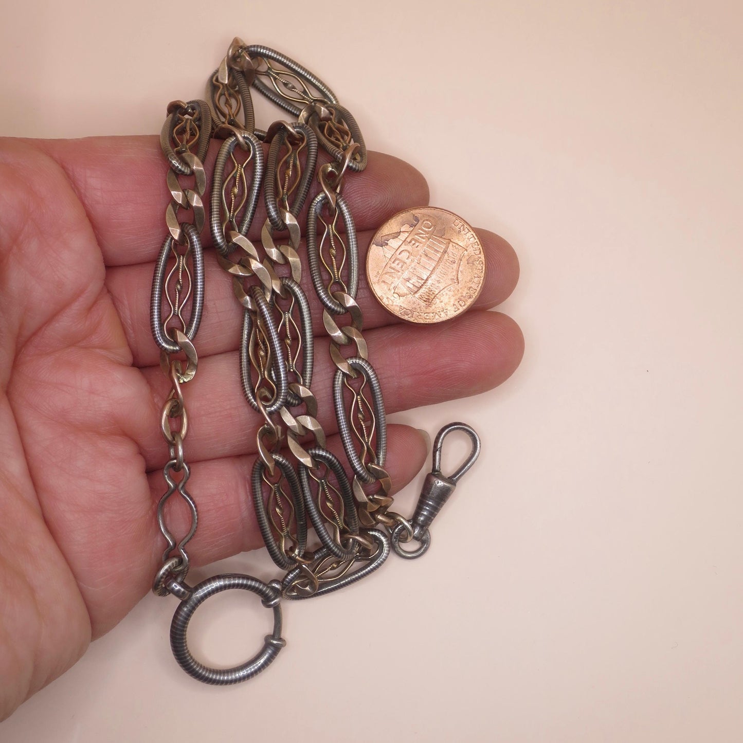 Antique Victorian 800 Silver Niello Pocket Watch Chain Necklace, Rose Gold Vermeil Gilt MB13