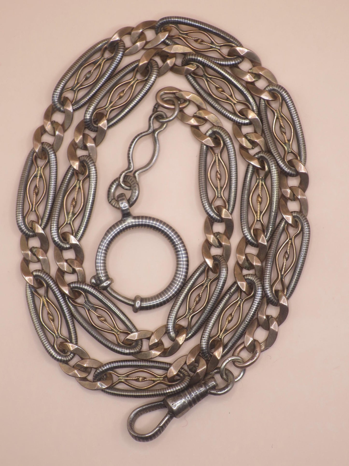 Antique Victorian 800 Silver Niello Pocket Watch Chain Necklace, Rose Gold Vermeil Gilt MB13
