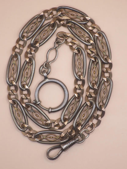 Antique Victorian 800 Silver Niello Pocket Watch Chain Necklace, Rose Gold Vermeil Gilt MB13