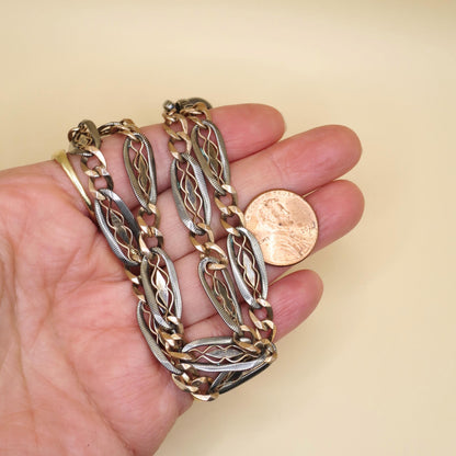 Antique Victorian Niello Silver & Rose Gold Pocket Watch Chain Necklace, 17" inches MB51