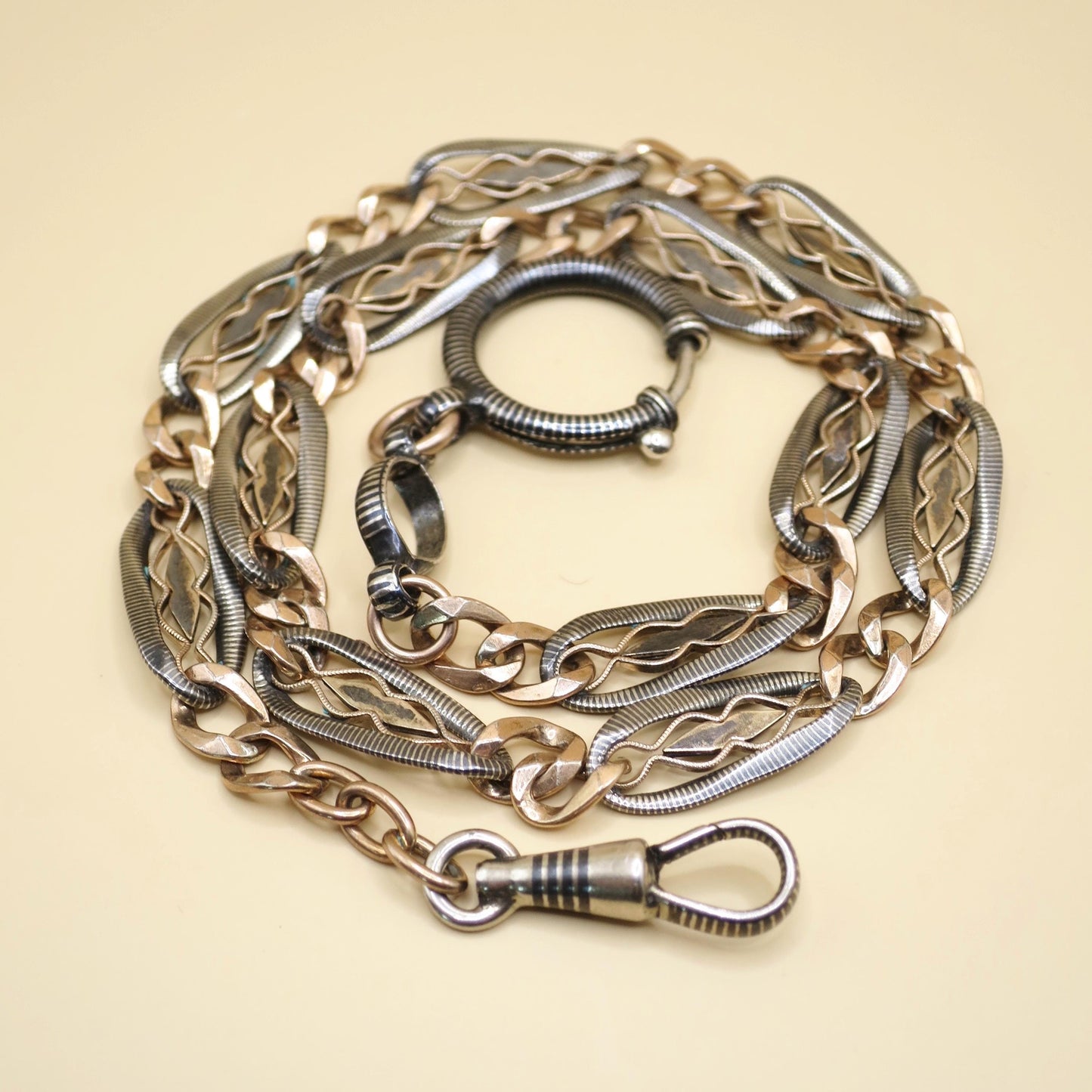 Antique Victorian Niello Silver & Rose Gold Pocket Watch Chain Necklace, 17" inches MB51
