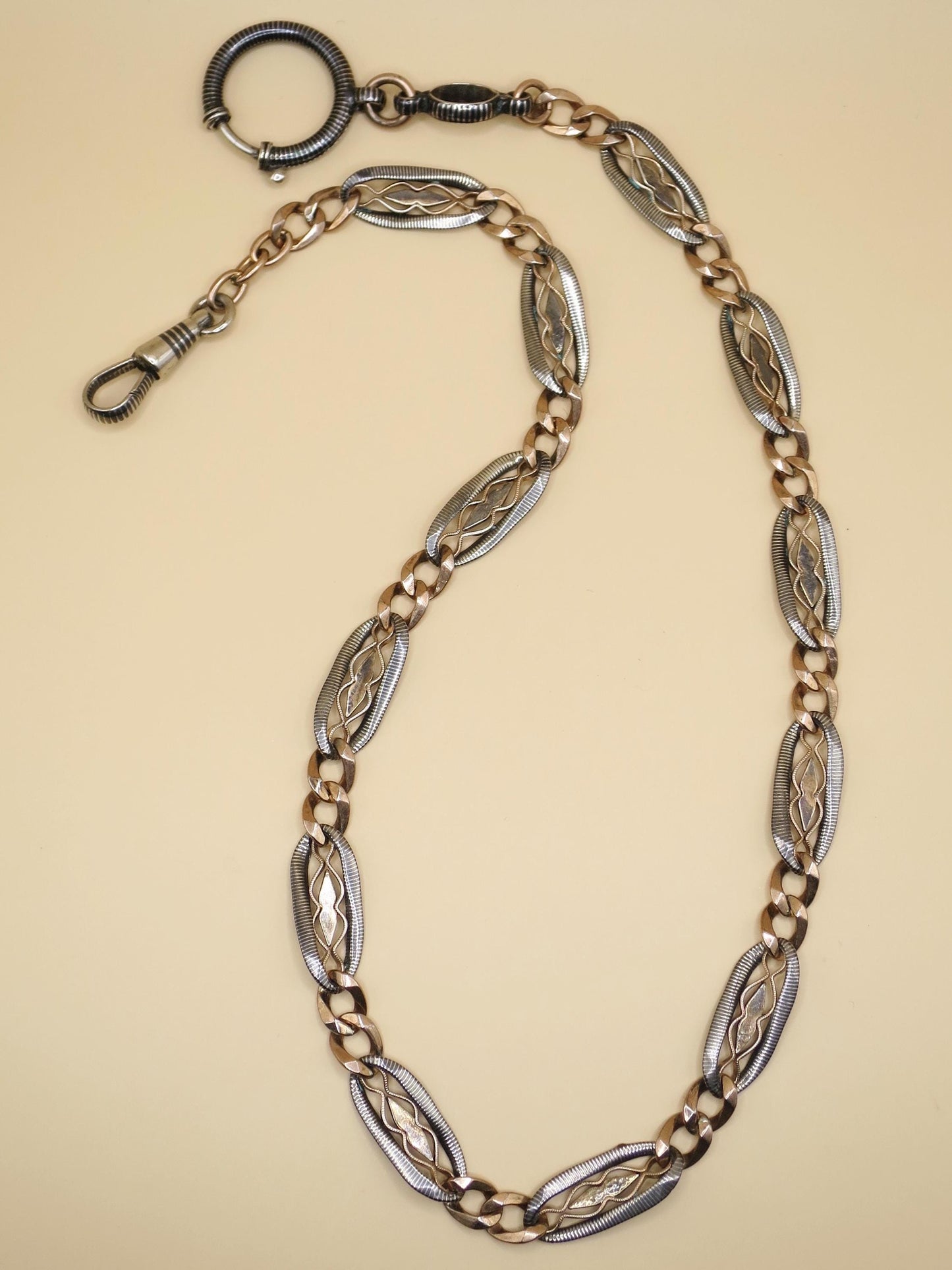 Antique Victorian Niello Silver & Rose Gold Pocket Watch Chain Necklace, 17" inches MB51