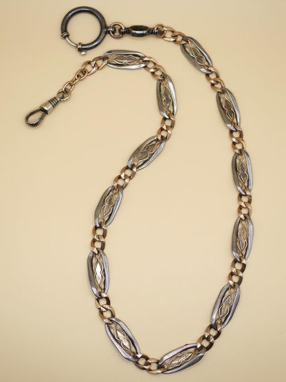 Antique Victorian Niello Silver & Rose Gold Pocket Watch Chain Necklace, 17" inches MB51
