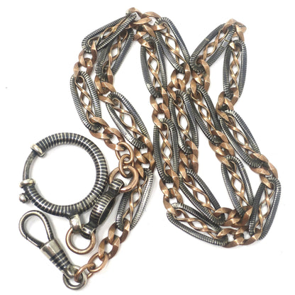 Antique Victorian 800 Silver Niello Watch Chain Necklace: 10k Rose Gold Vermeil, 17.75" MB24