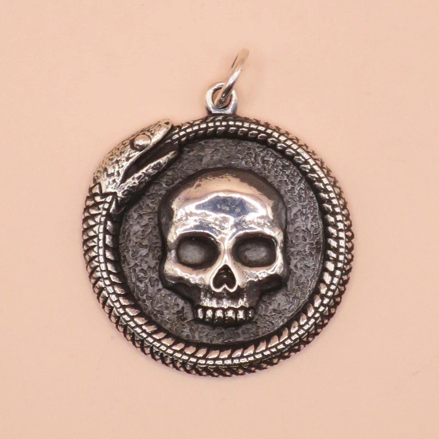 Solid 925 Sterling Silver Ouroboros Snake with Skull Pendant, 27x21mm