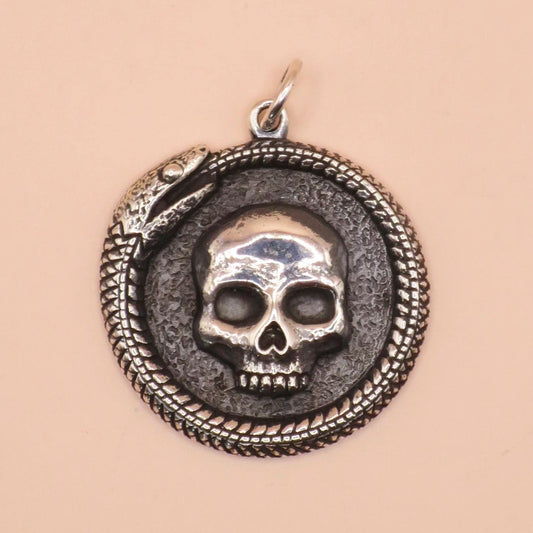 Solid 925 Sterling Silver Ouroboros Snake with Skull Pendant, 27x21mm