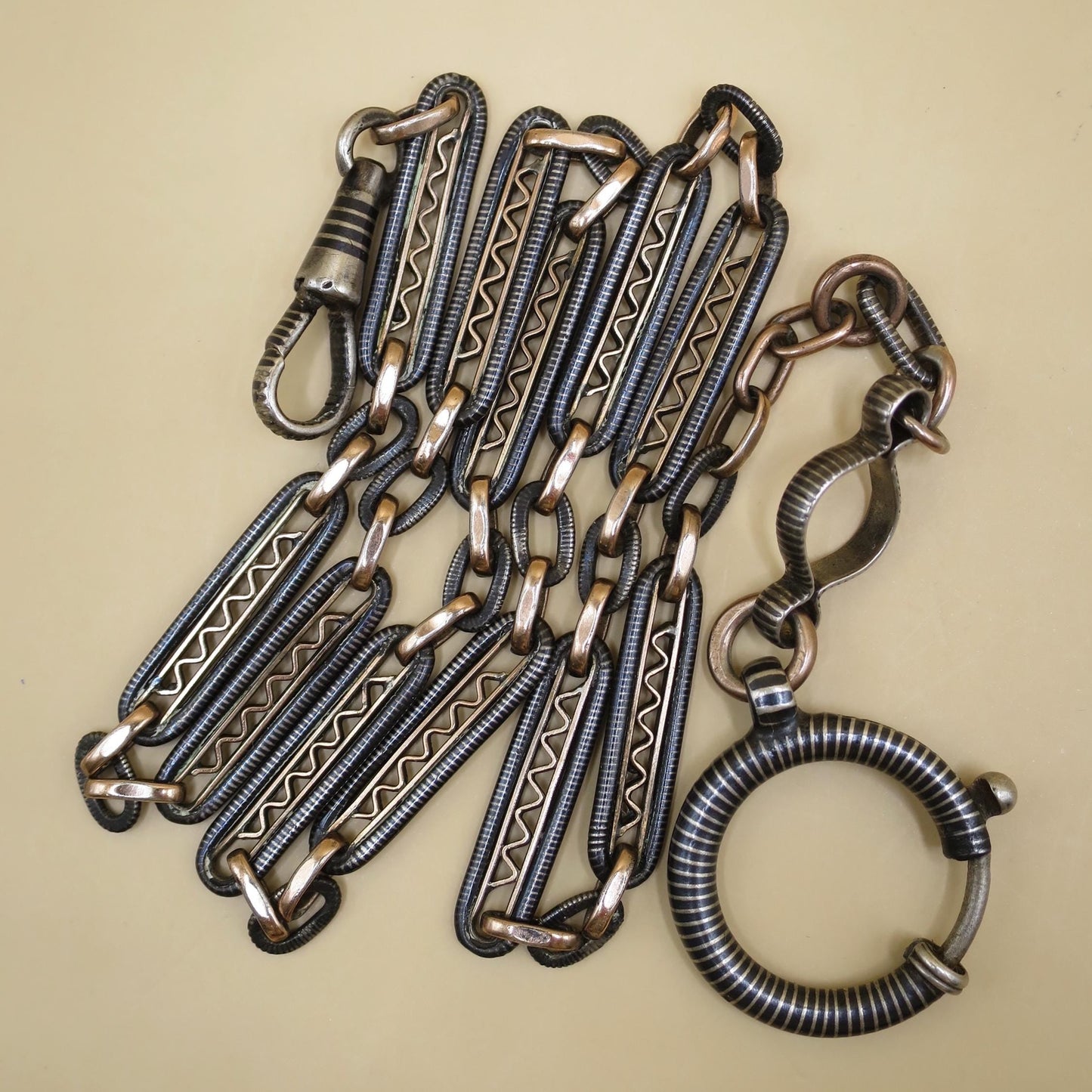 Victorian Niello Silver Pocket Watch Chain Necklace: 9k Rose Gold Gilt, 18" MB15