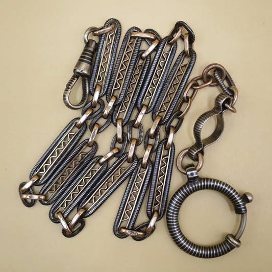 Victorian Niello Silver Pocket Watch Chain Necklace: 9k Rose Gold Gilt, 18" MB15
