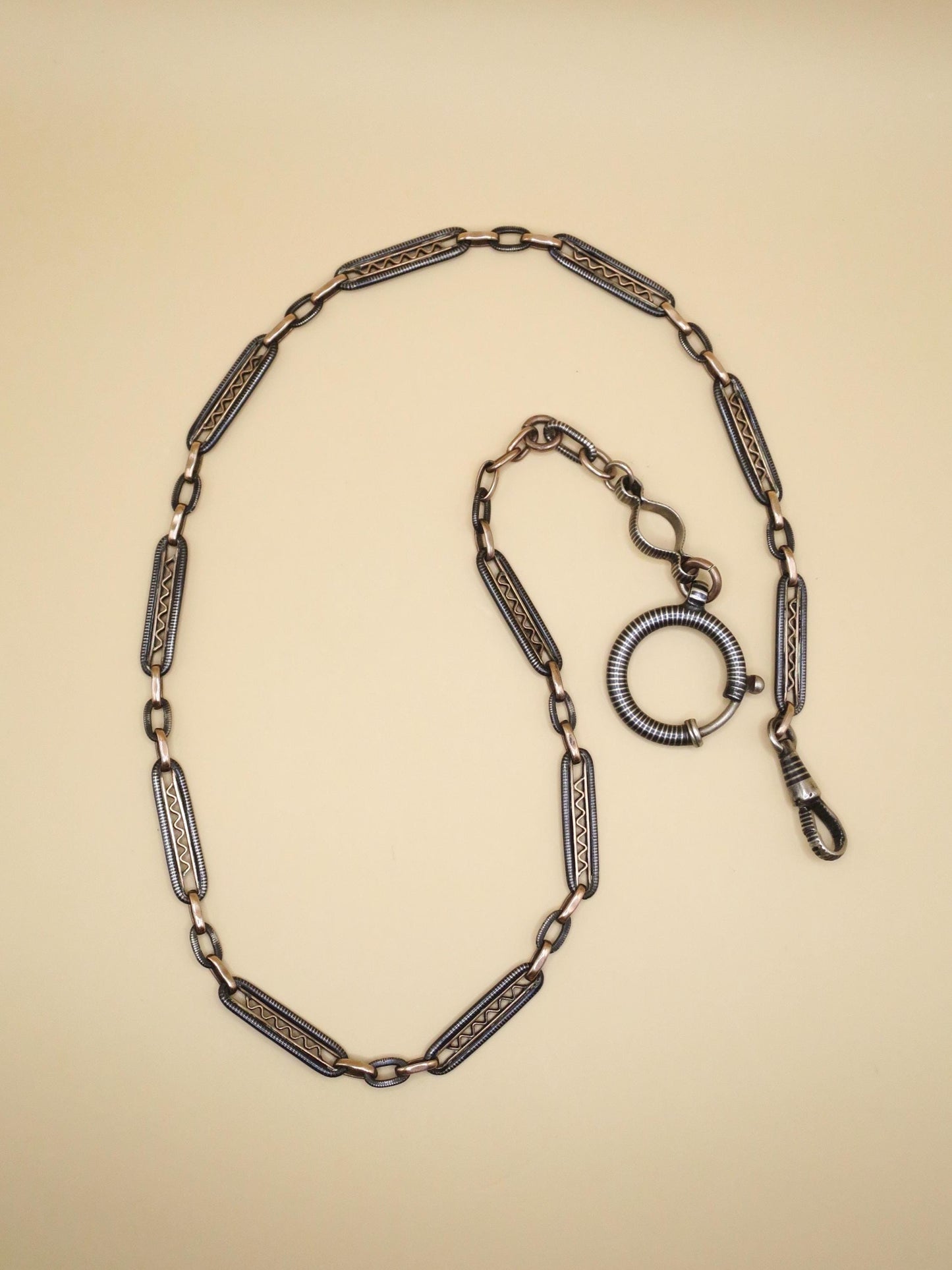 Victorian Niello Silver Pocket Watch Chain Necklace: 9k Rose Gold Gilt, 18" MB15