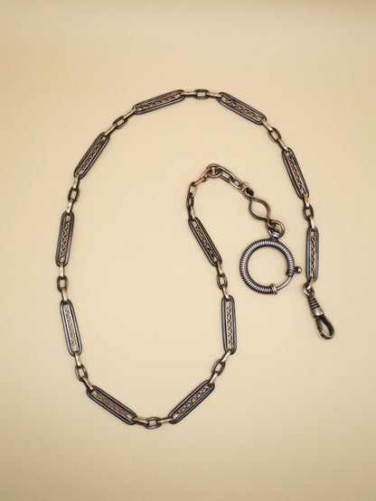 Victorian Niello Silver Pocket Watch Chain Necklace: 9k Rose Gold Gilt, 18" MB15