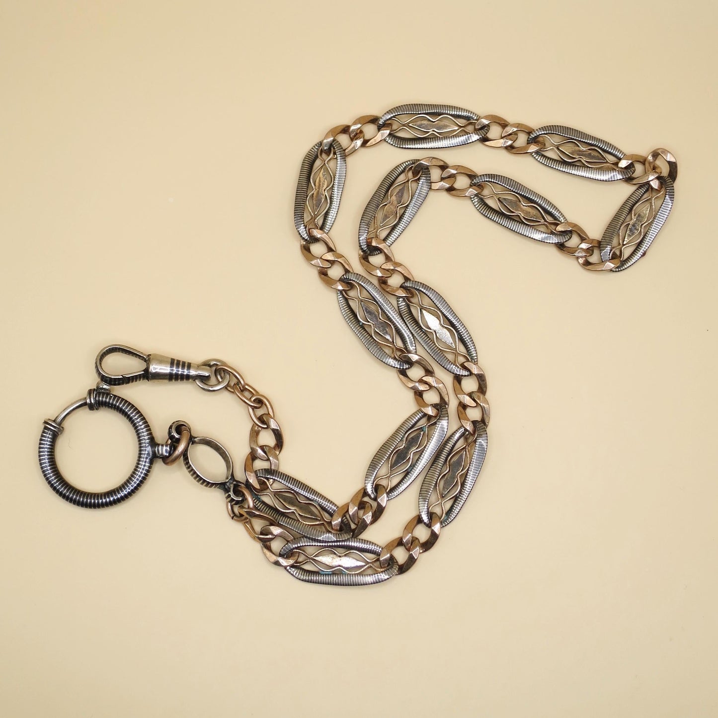 Antique Victorian Niello Silver & Rose Gold Pocket Watch Chain Necklace, 17" inches MB51