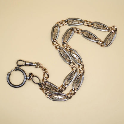 Antique Victorian Niello Silver & Rose Gold Pocket Watch Chain Necklace, 17" inches MB51