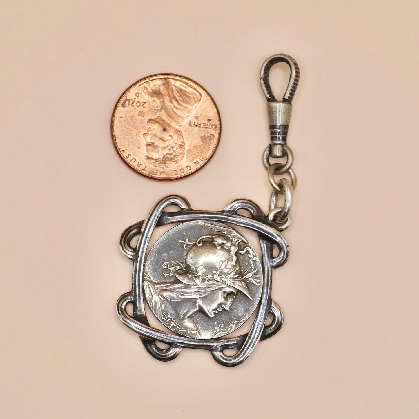 Antique Victorian Double Sided Athena, the Greek Goddess 800 Niello Pocket Watch Fob Pendant N16