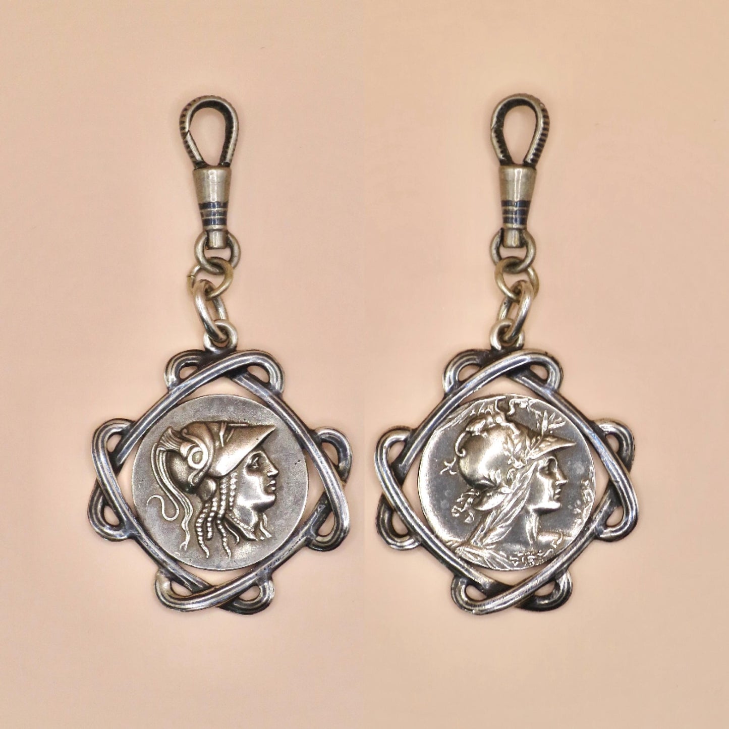 Antique Victorian Double Sided Athena, the Greek Goddess 800 Niello Pocket Watch Fob Pendant N16