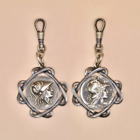 Antique Victorian Double Sided Athena, the Greek Goddess 800 Niello Pocket Watch Fob Pendant N16