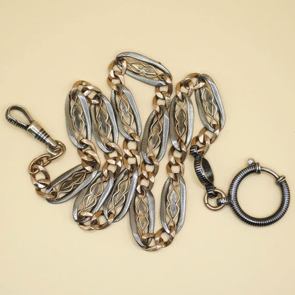Antique Victorian Niello Silver & Rose Gold Pocket Watch Chain Necklace, 17" inches MB51
