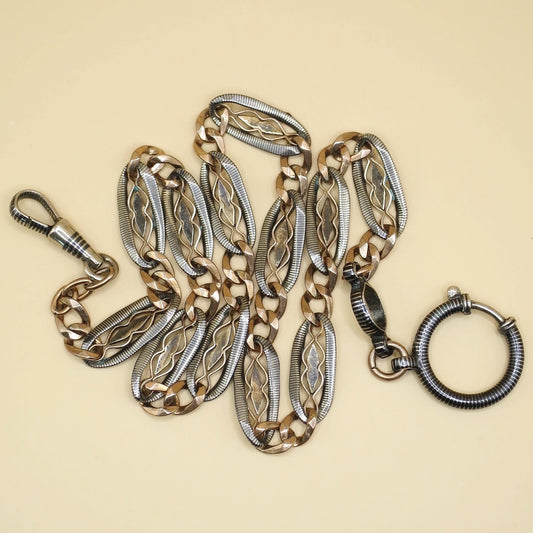 Antique Victorian Niello Silver & Rose Gold Pocket Watch Chain Necklace, 17" inches MB51
