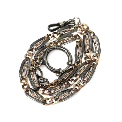 Antique Victorian Niello Rose Gold Vermeil Gilt 800 Silver Watch Chain Necklace, 17" inches MB44