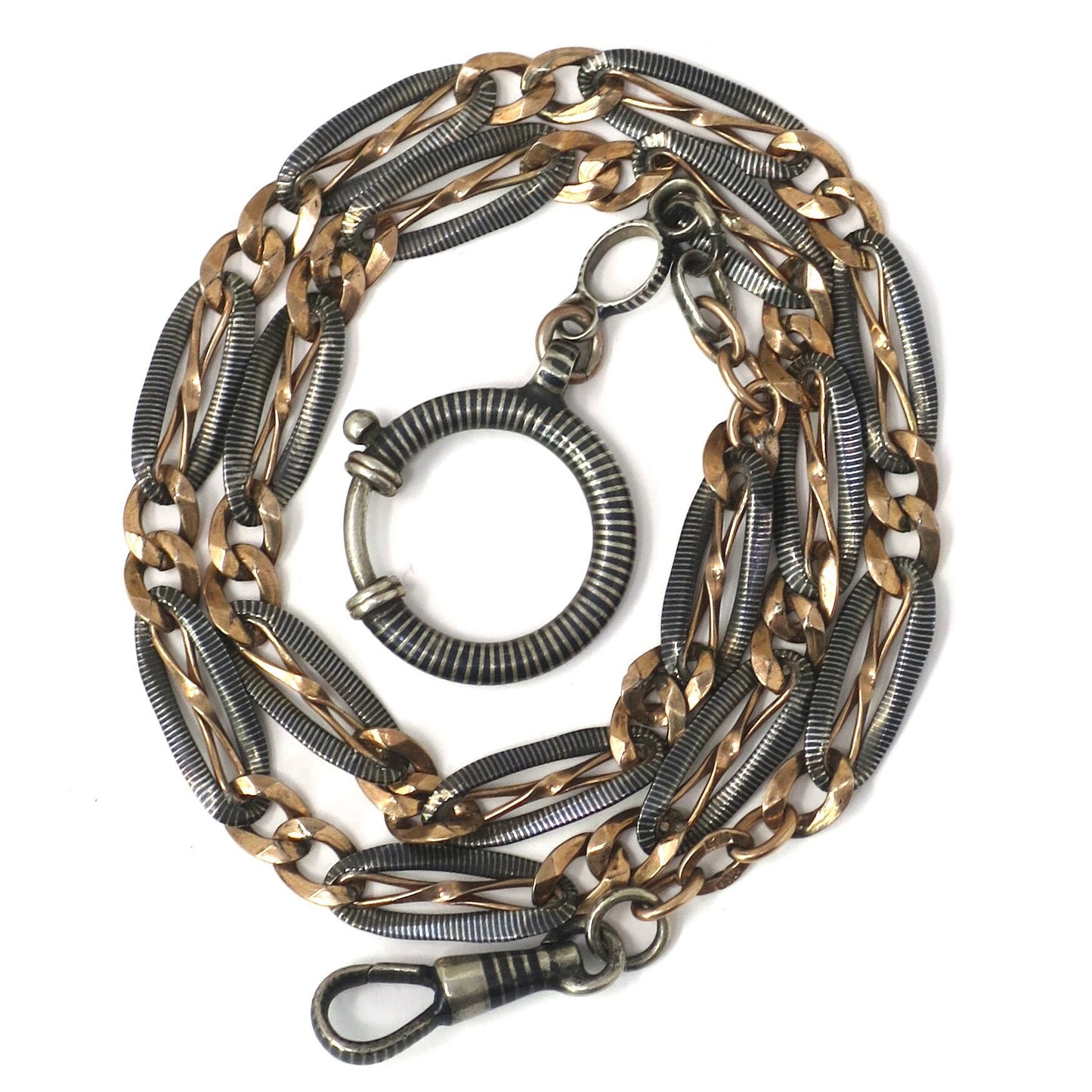Antique Victorian Niello Rose Gold Vermeil Gilt 800 Silver Watch Chain Necklace, 17" inches MB44