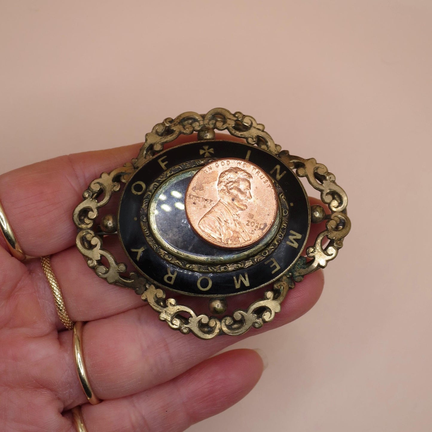 Antique Victorian Mourning Brooch: Gold Cased Enamel Locket Pin
