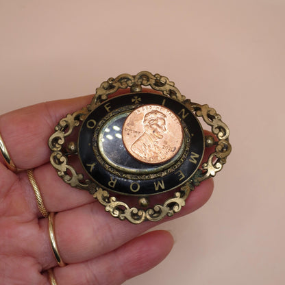 Antique Victorian Mourning Brooch: Gold Cased Enamel Locket Pin