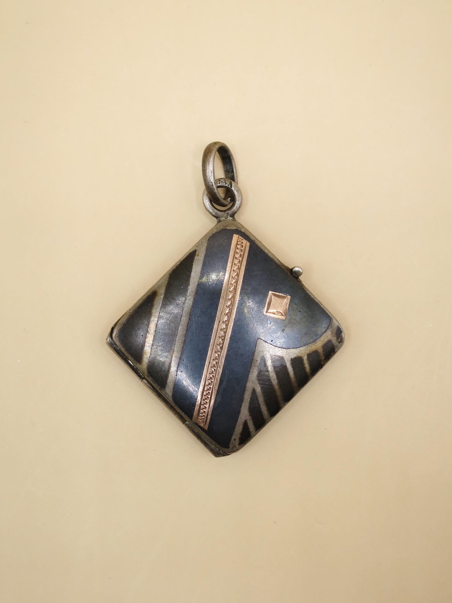 Antique Victorian Niello & Rose Gold Gilt Square Locket Pendant N23