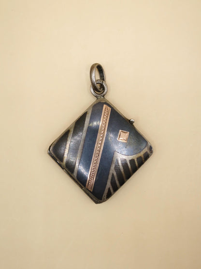 Antique Victorian Niello & Rose Gold Gilt Square Locket Pendant N23