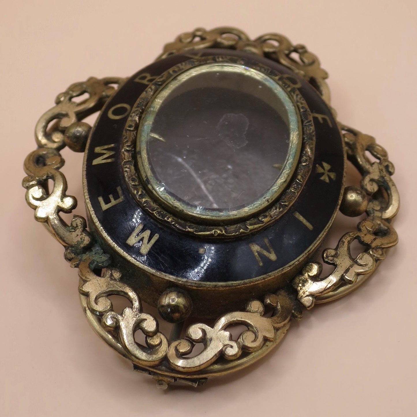 Antique Victorian Mourning Brooch: Gold Cased Enamel Locket Pin