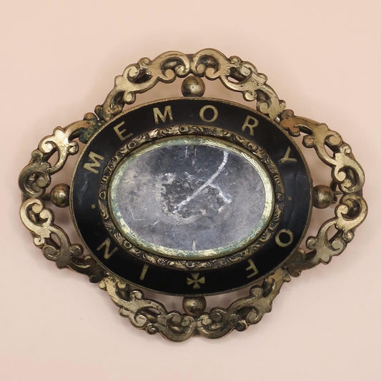 Antique Victorian Mourning Brooch: Gold Cased Enamel Locket Pin