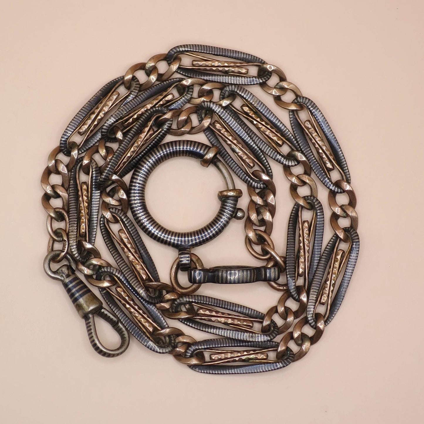 Antique Victorian Niello Pocket Watch Chain Necklace: 800 Silver & 12k Rose Gold Gilt MB31