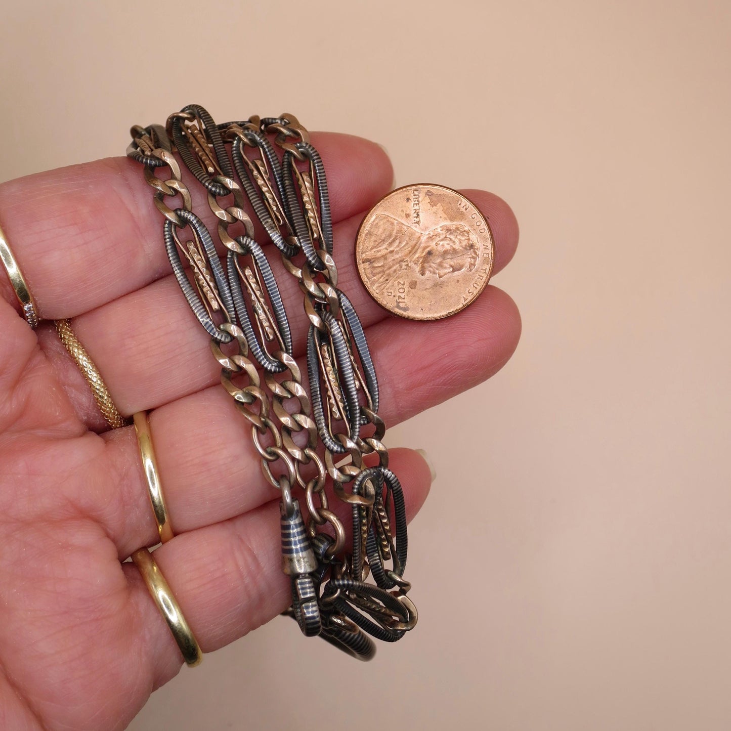 Antique Victorian Niello Pocket Watch Chain Necklace: 800 Silver & 12k Rose Gold Gilt MB31