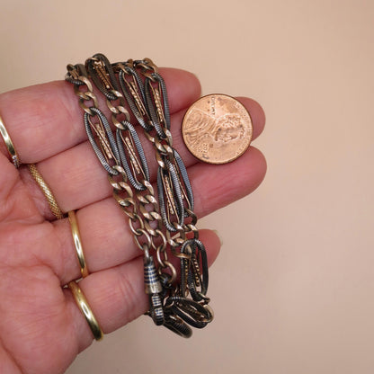 Antique Victorian Niello Pocket Watch Chain Necklace: 800 Silver & 12k Rose Gold Gilt MB31