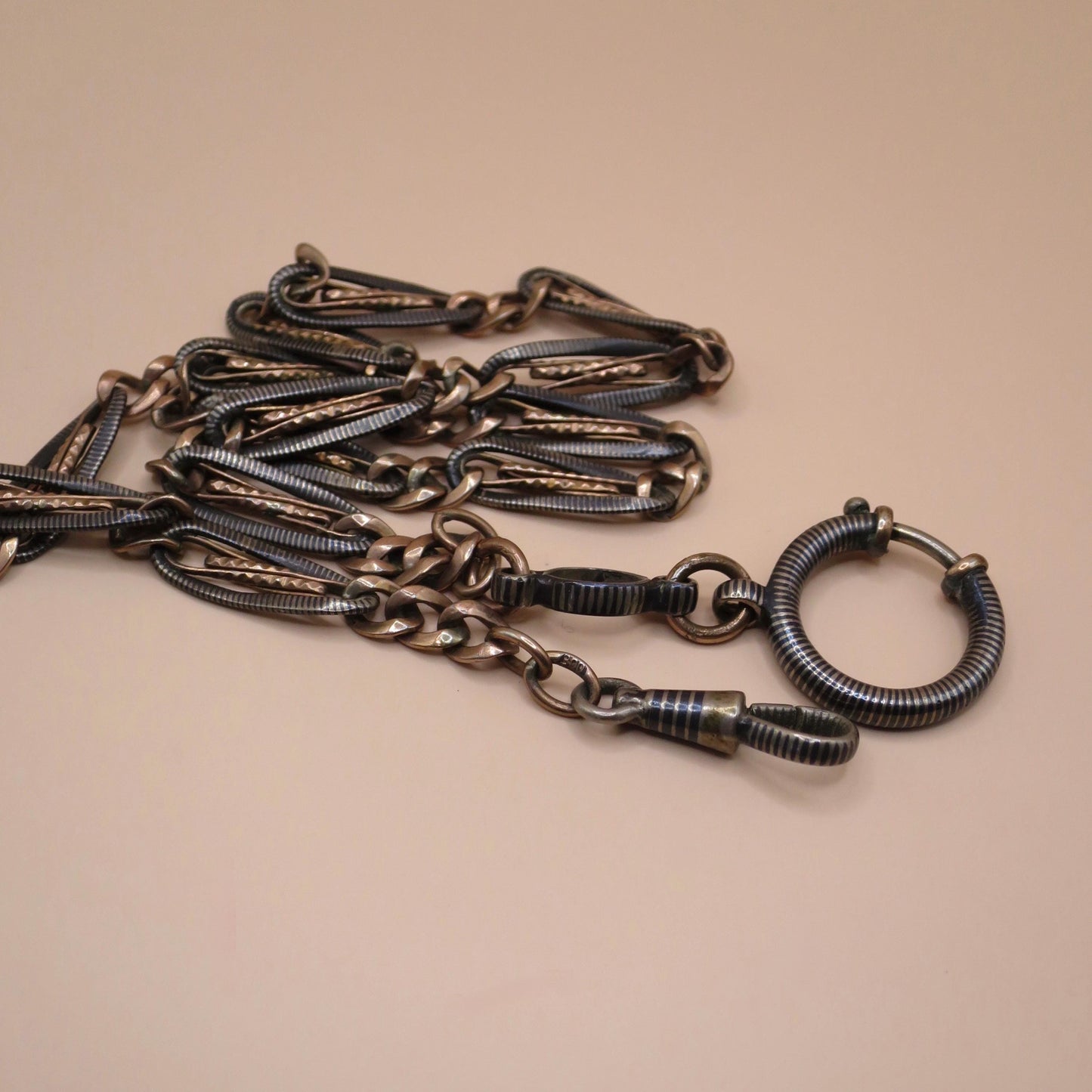 Antique Victorian Niello Pocket Watch Chain Necklace: 800 Silver & 12k Rose Gold Gilt MB31