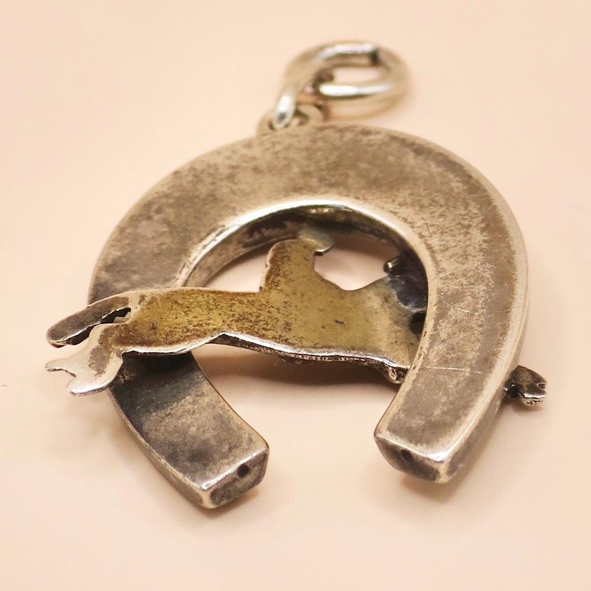 Antique Victorian 800 Niello Silver Equestrian Horseshoe Horse Head Charm N15