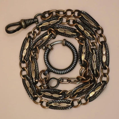 Antique Victorian Niello 800 Silver Vermeil Pocket Watch Chain Necklace MB32