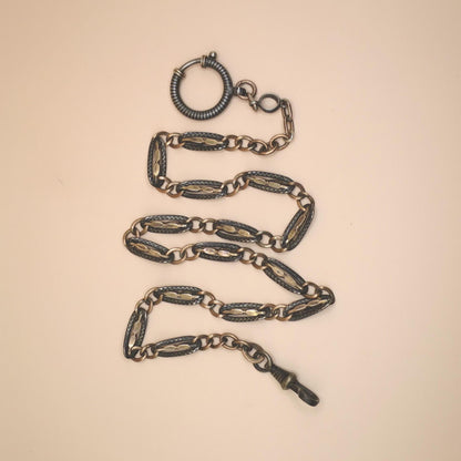 Antique Victorian Niello 800 Silver Vermeil Pocket Watch Chain Necklace MB32