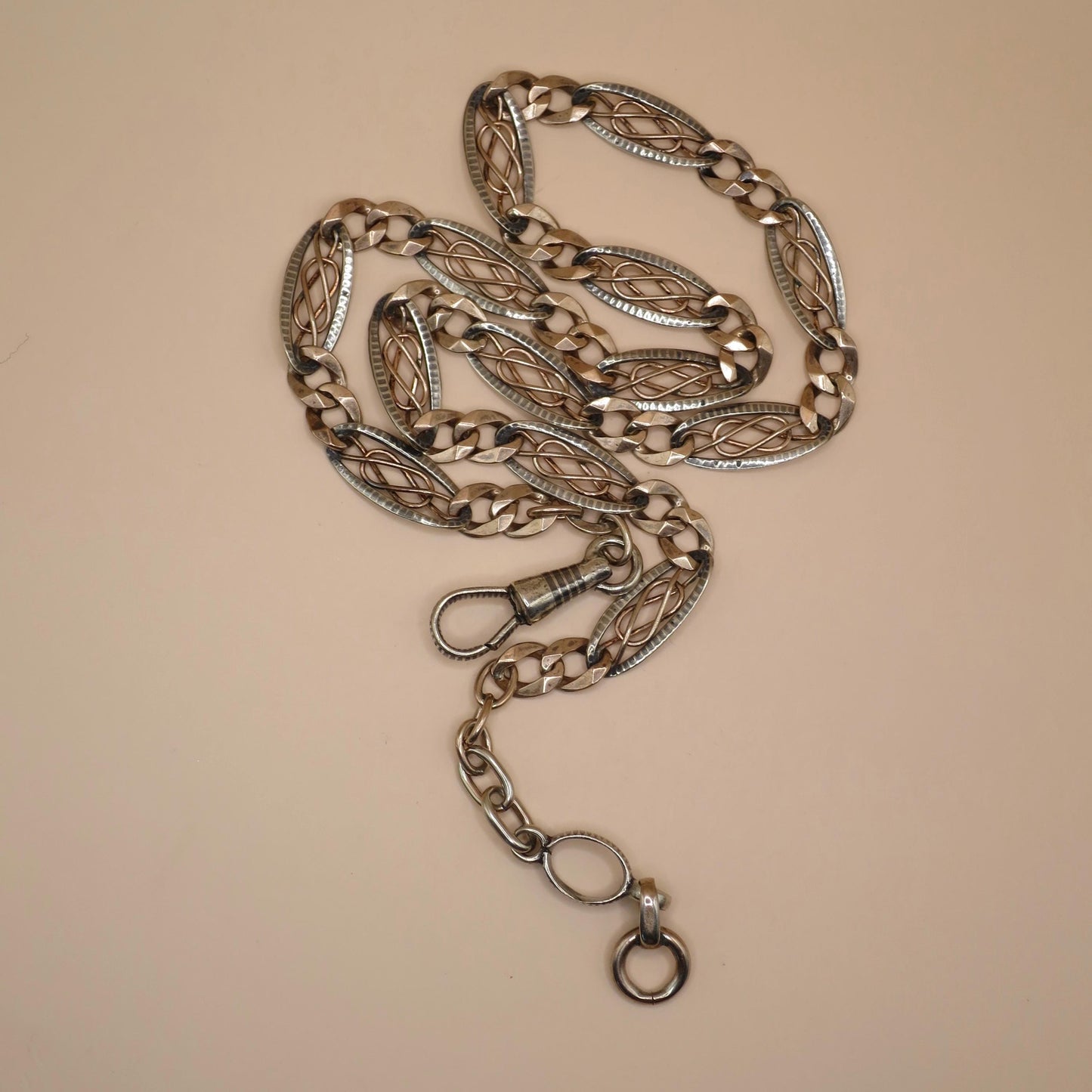 Antique Niello 800 Silver Necklace: Victorian Rose Gold Vermeil Pocket Watch Chain MB25