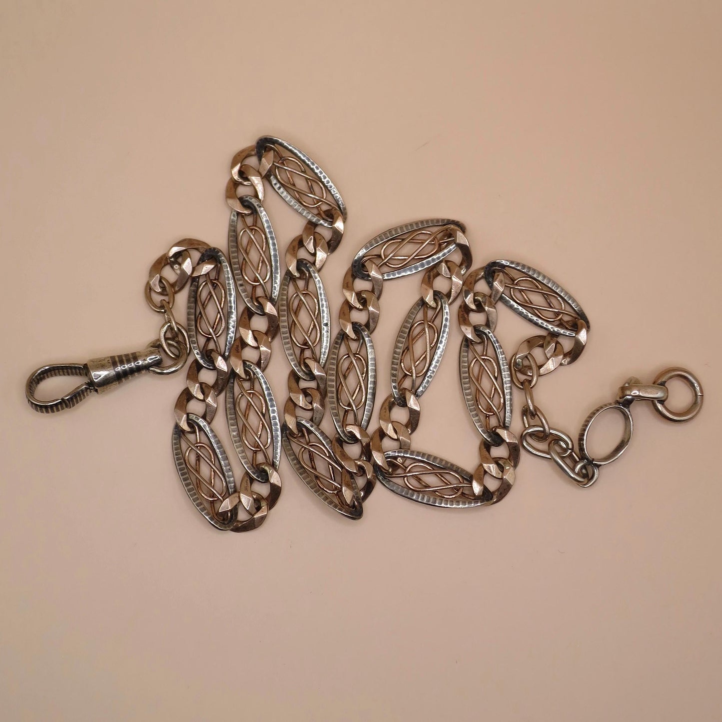 Antique Niello 800 Silver Necklace: Victorian Rose Gold Vermeil Pocket Watch Chain MB25