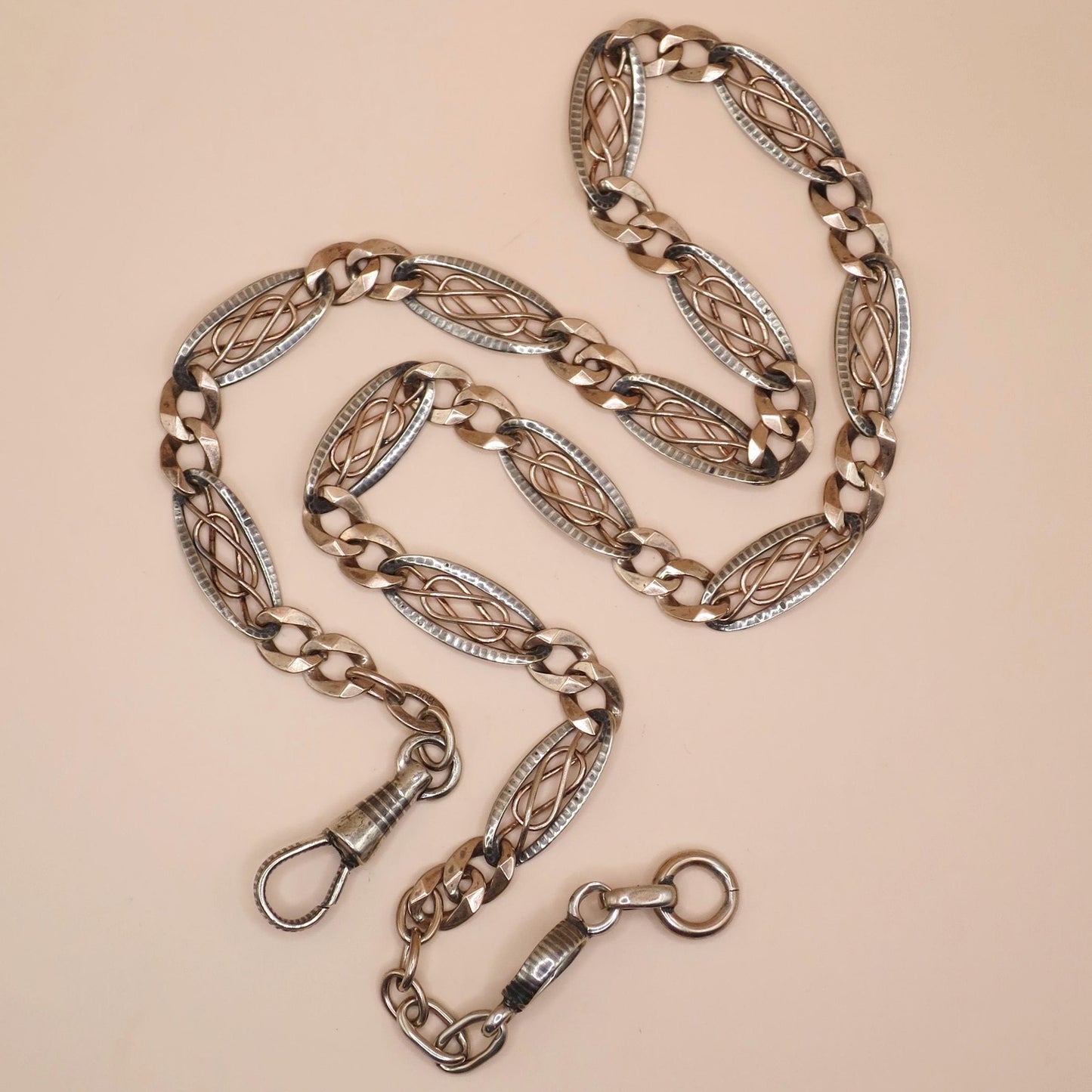 Antique Niello 800 Silver Necklace: Victorian Rose Gold Vermeil Pocket Watch Chain MB25