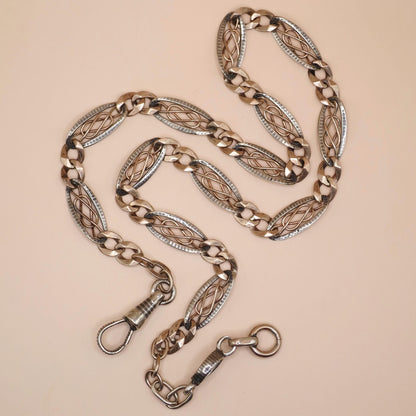 Antique Niello 800 Silver Necklace: Victorian Rose Gold Vermeil Pocket Watch Chain MB25