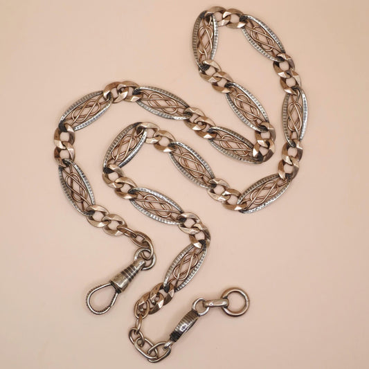 Antique Niello 800 Silver Necklace: Victorian Rose Gold Vermeil Pocket Watch Chain MB25
