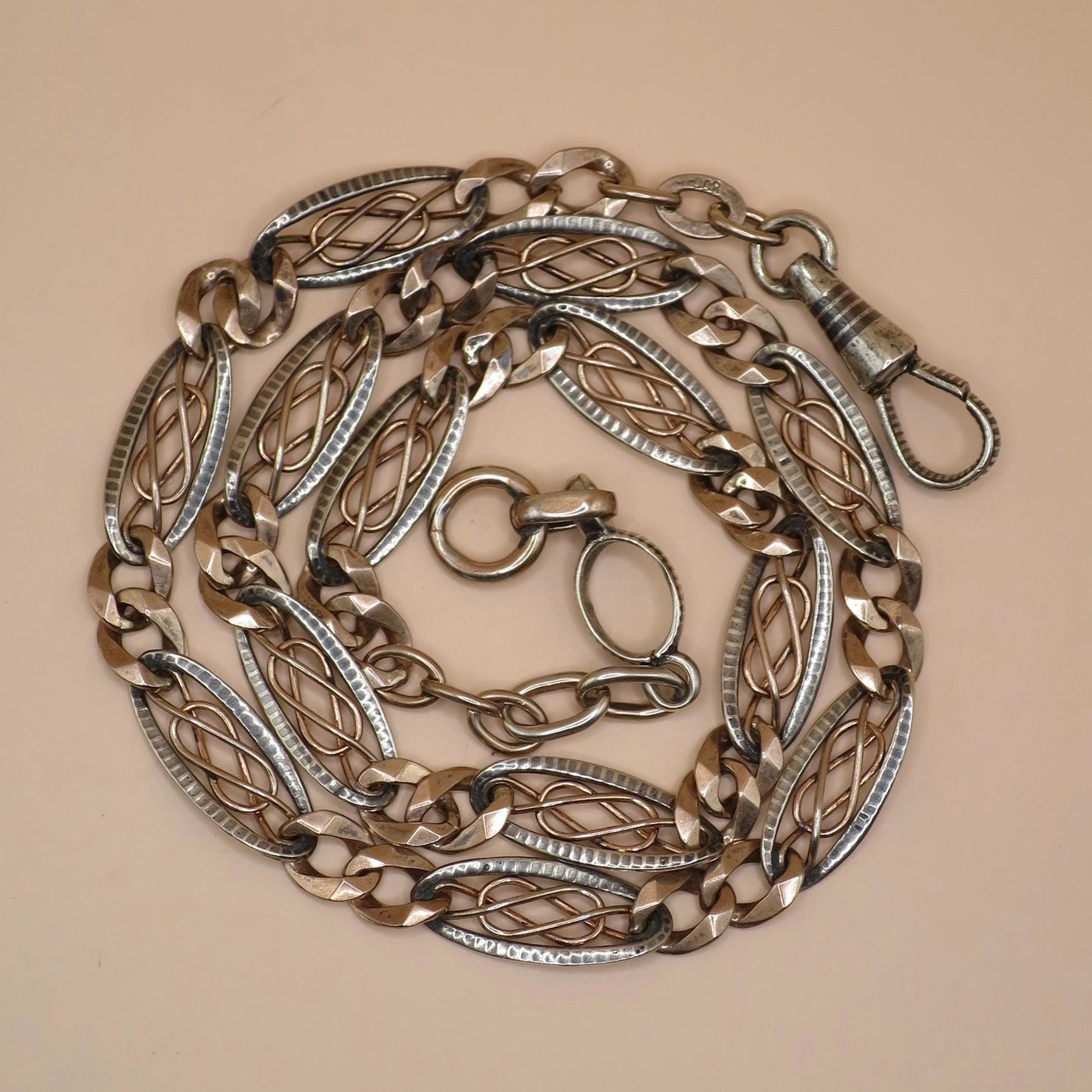 Antique Niello 800 Silver Necklace: Victorian Rose Gold Vermeil Pocket Watch Chain MB25