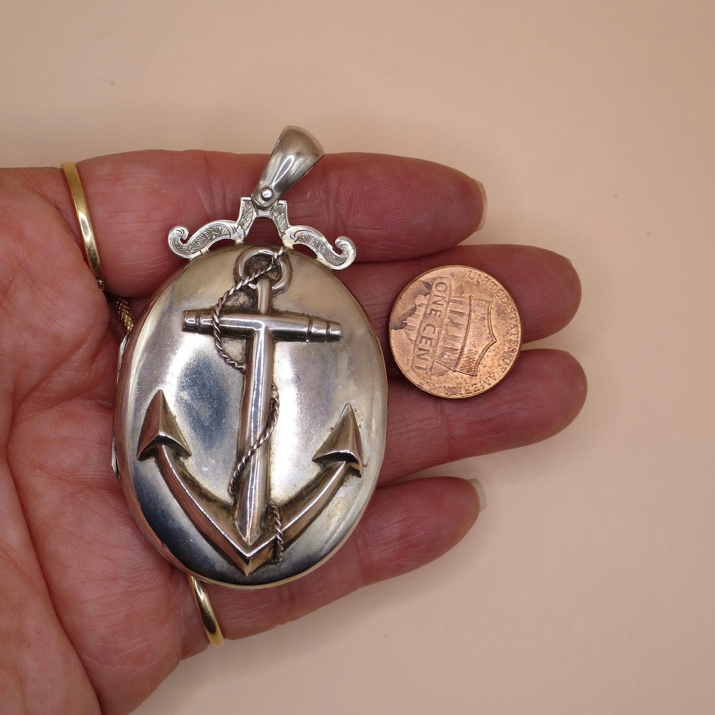 Antique Victorian Sterling Silver Anchor Oval Locket Pendant