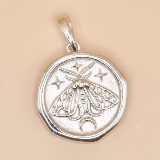 Solid 925 Sterling Silver Moth Spirit Animal Medallion Pendant