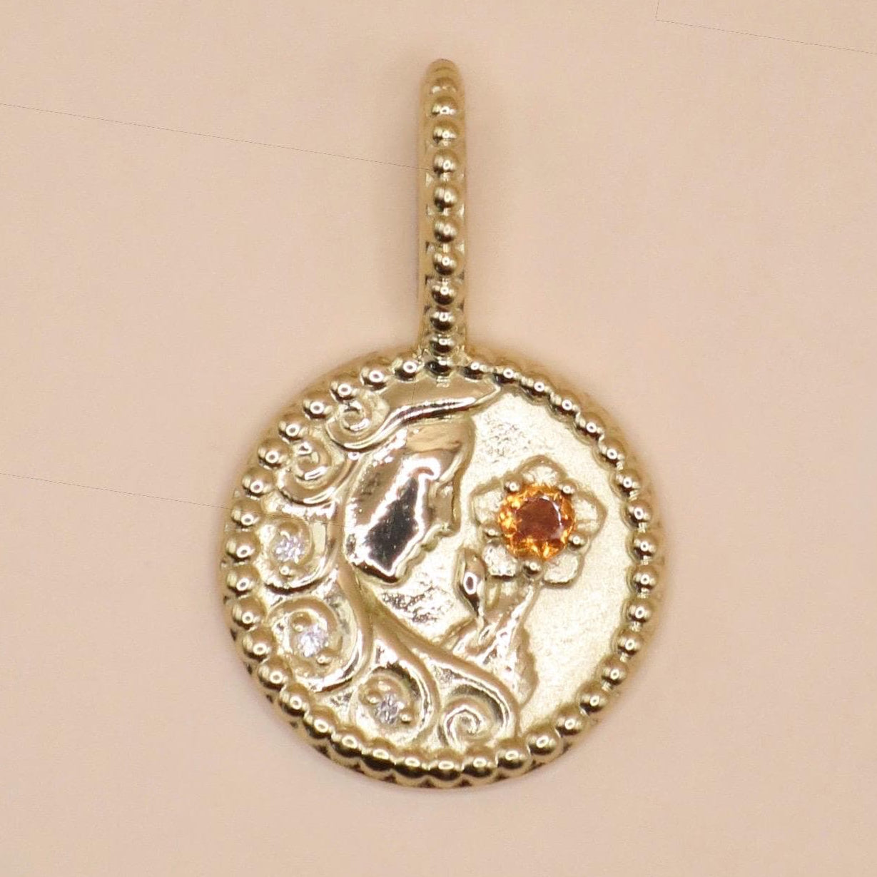 14K Yellow Gold Natural Orange Garnet & .0075 CTW Natural Diamond Virgo Charm Pendant