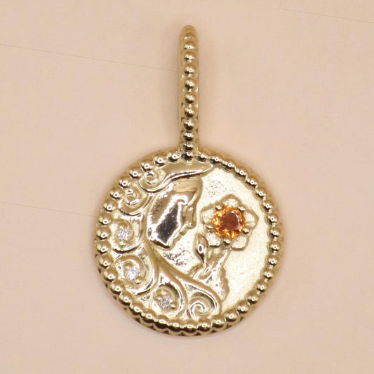 14K Yellow Gold Natural Orange Garnet & .0075 CTW Natural Diamond Virgo Charm Pendant
