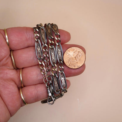 Antique Niello Pocket Watch Chain Necklace: 800 Silver & 9k Rose Gold Vermeil MB35