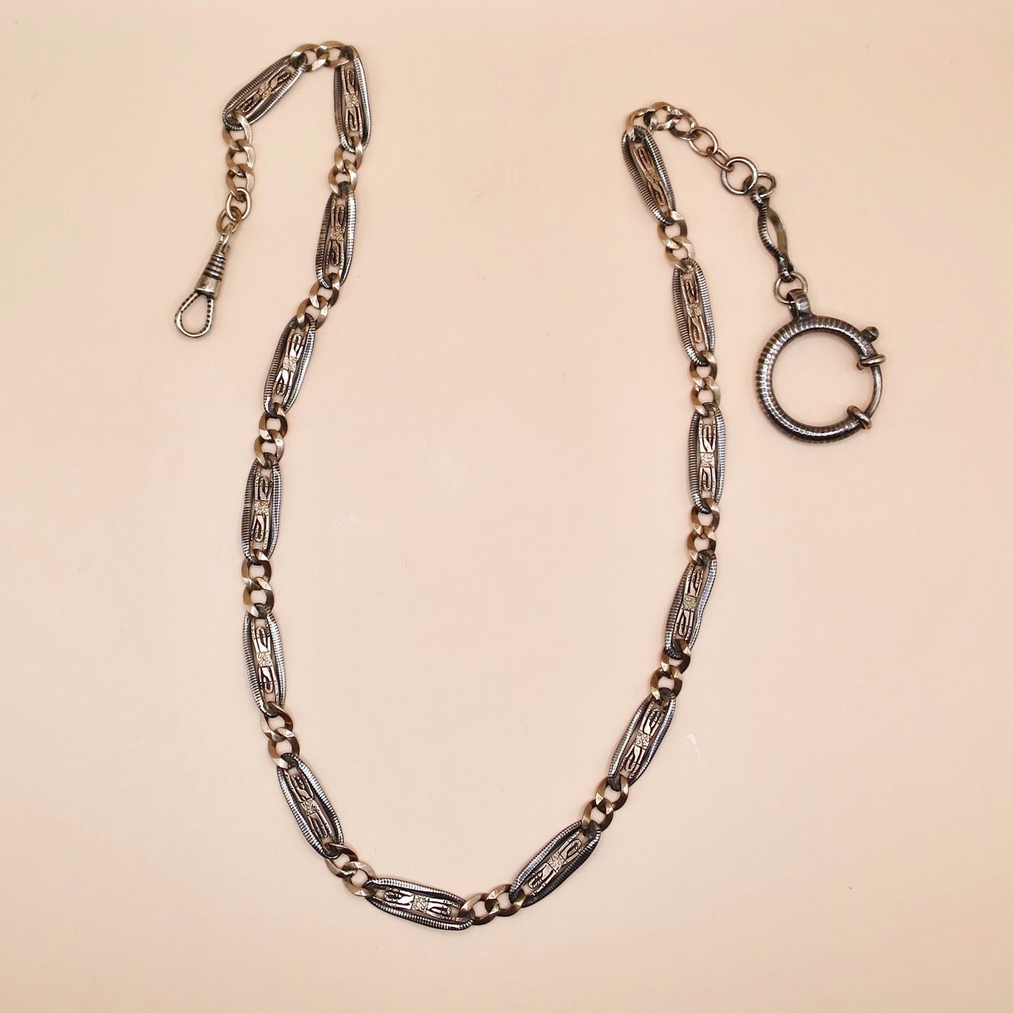 Antique Niello Pocket Watch Chain Necklace: 800 Silver & 9k Rose Gold Vermeil MB35