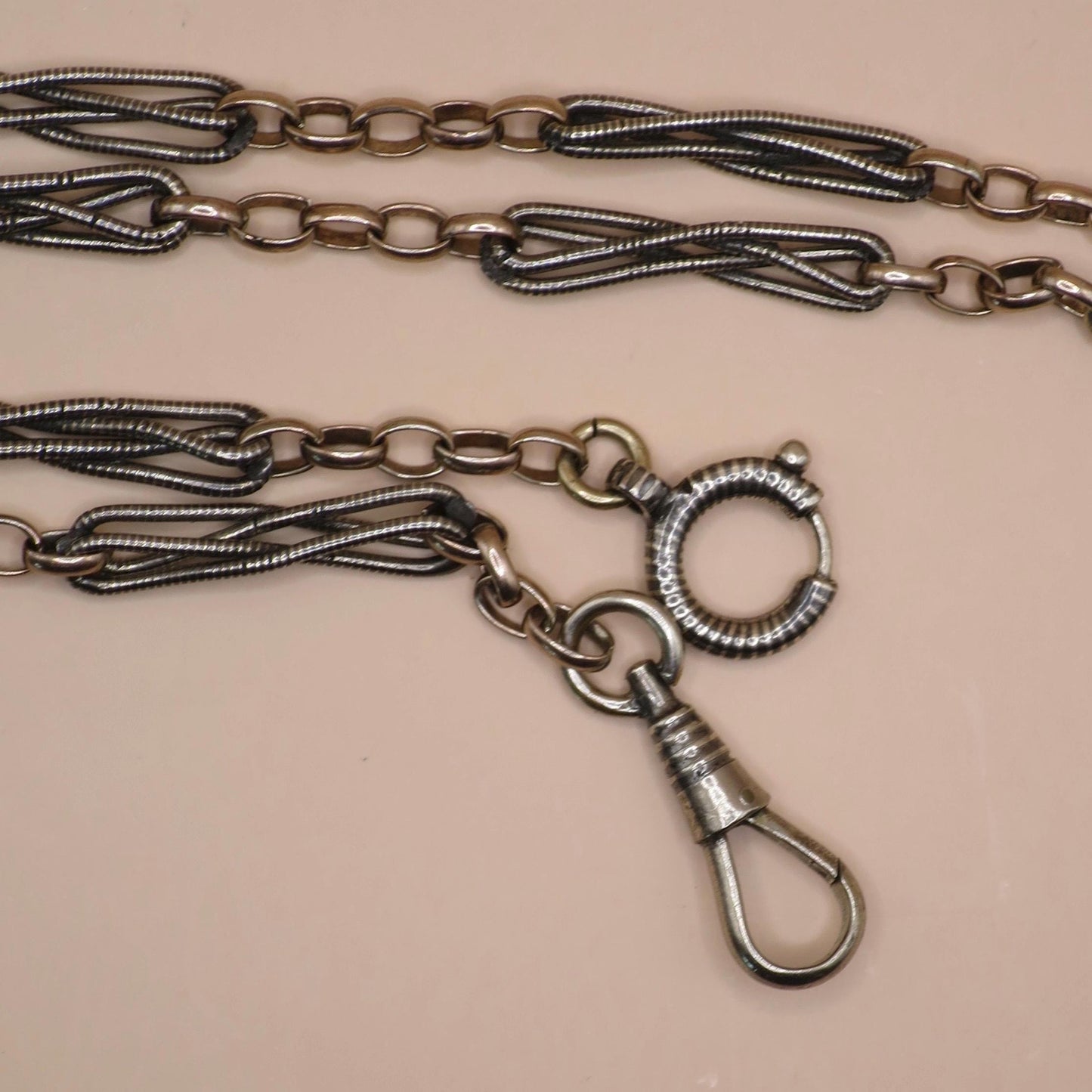 Antique Victorian Niello Silver Pocket Watch Chain Necklace: 9k Rose Gold Vermeil MB34